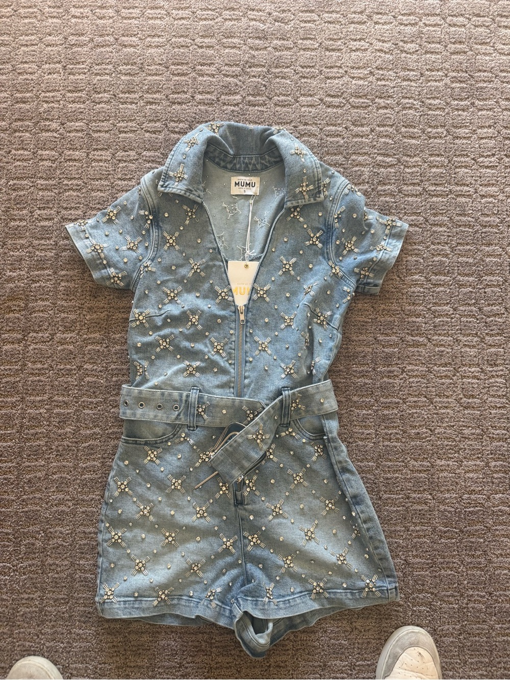 Show Me Your MuMu Embellished Denim Romper in Light Blue